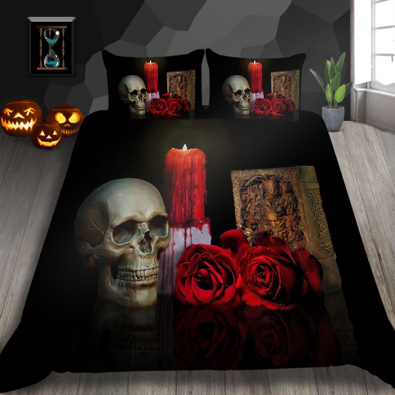 Dynebetræk Skull, Red Rose Og Candle
